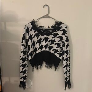 Just Polly Black and White Sweater with Fringe